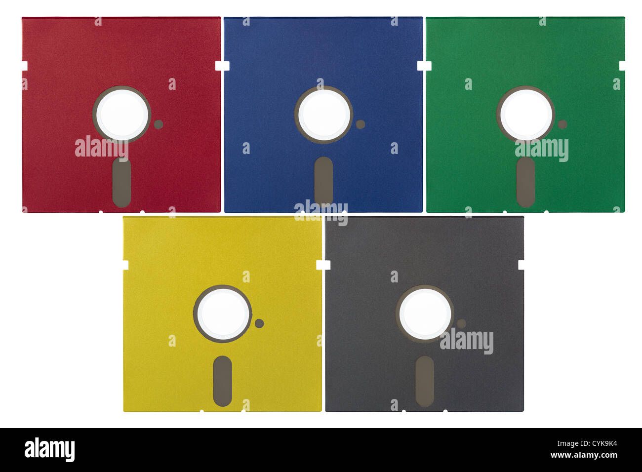 Five 5.25 inch soft floppy disks in various colors isolated on a white background Stock Photo