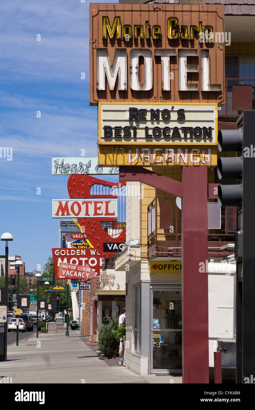 Motel signs along the main strip street Reno, Nevada Stock Photo