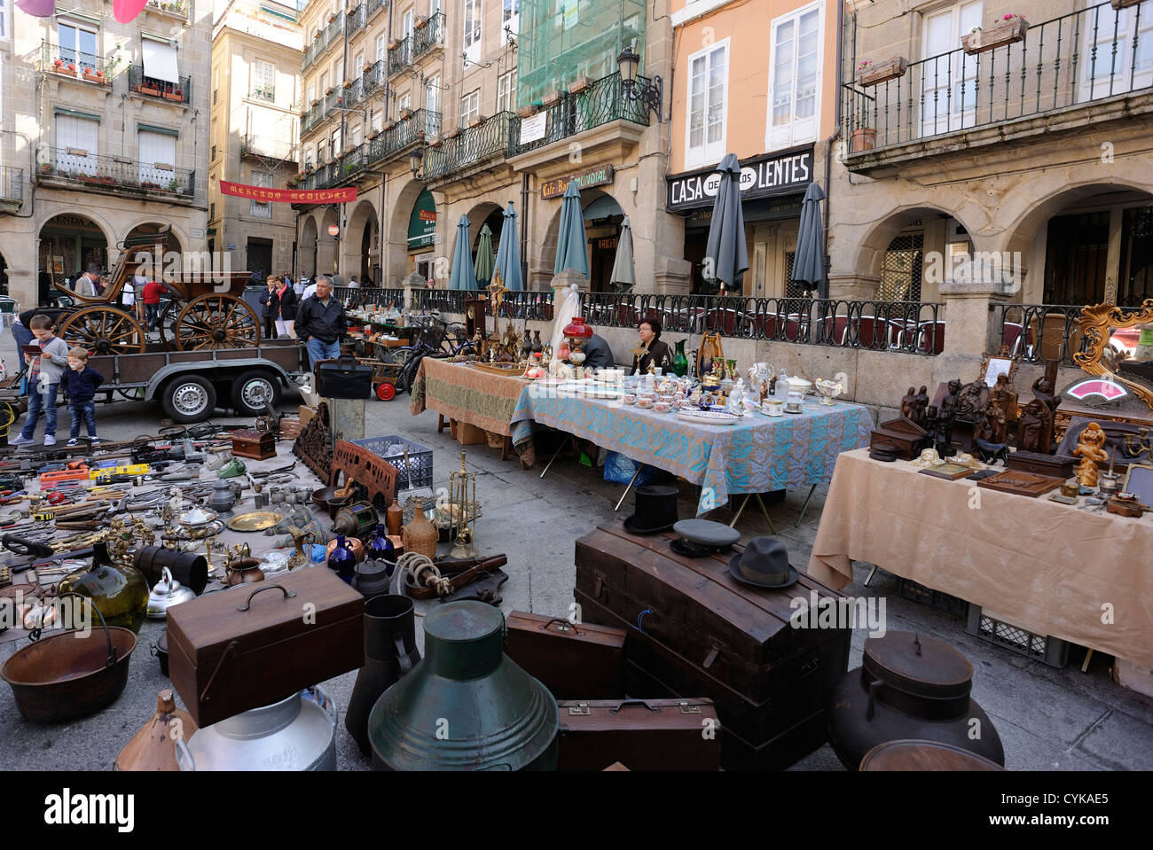 An antiques market takes place in the main square, Praza Maior Ourense.  Ourense, Galicia, Spain. Stock Photo