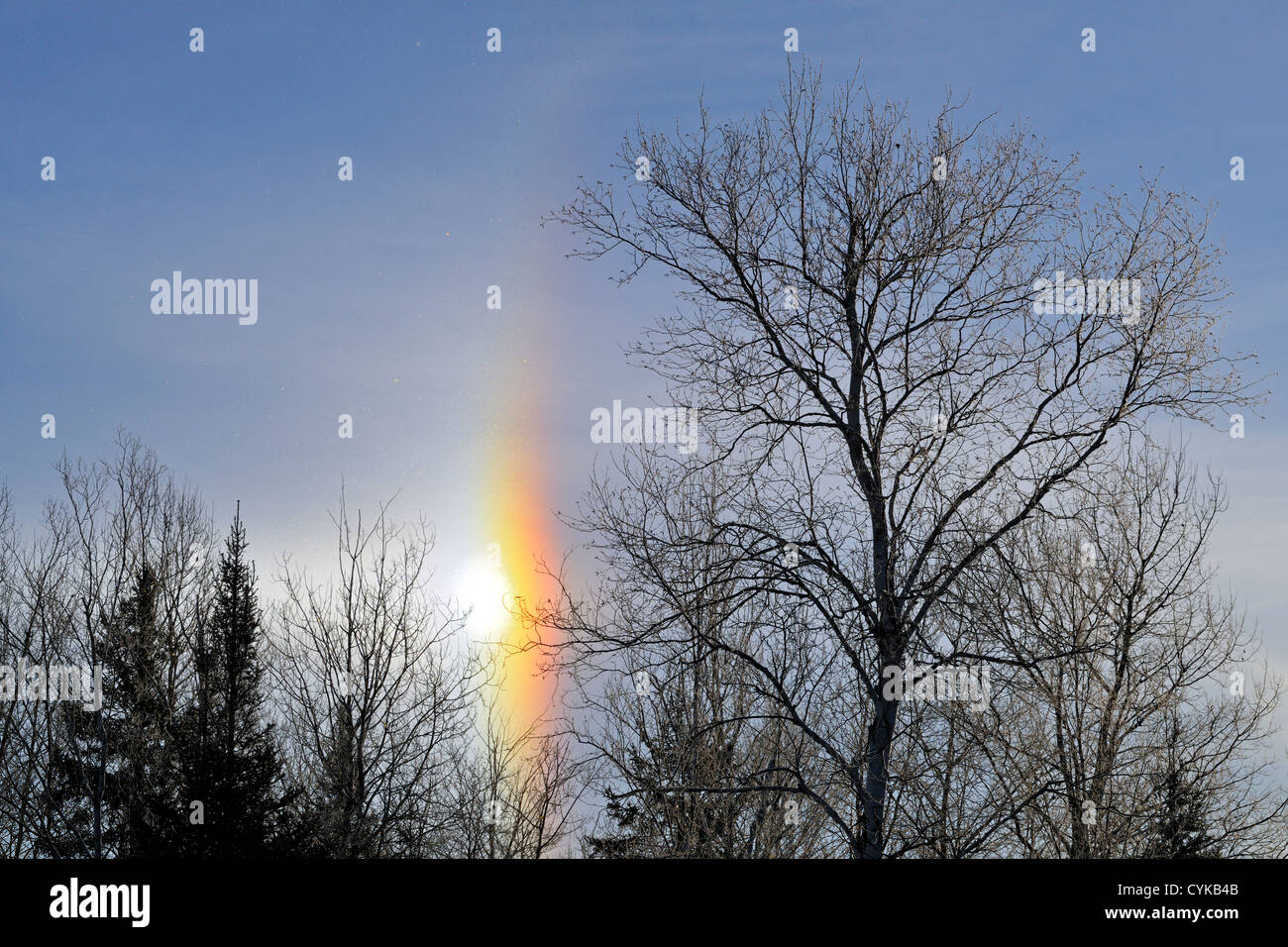 Sundog' Winter refractions through airborne frost crystals, Greater Sudbury, Ontario, Canada Stock Photo