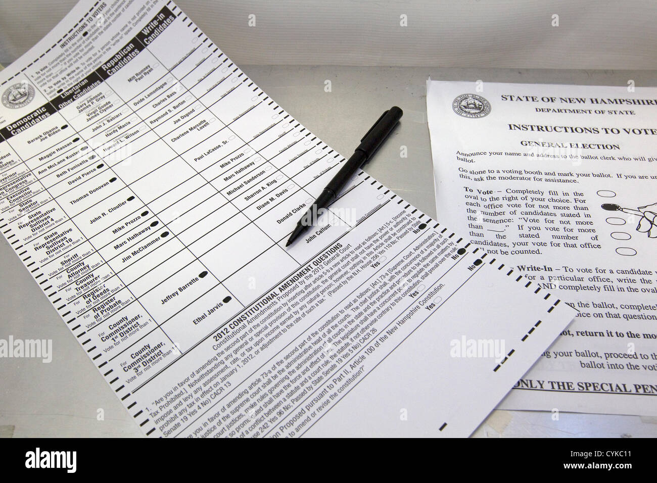 New Hampshire ballot and instructions for United States President, New Hampshire governor and other state and local offices, in Claremont, New Hampshire, November 6, 2012. Much debate has centered around ballot integrity across the country, in this and in past presidential elections. Stock Photo