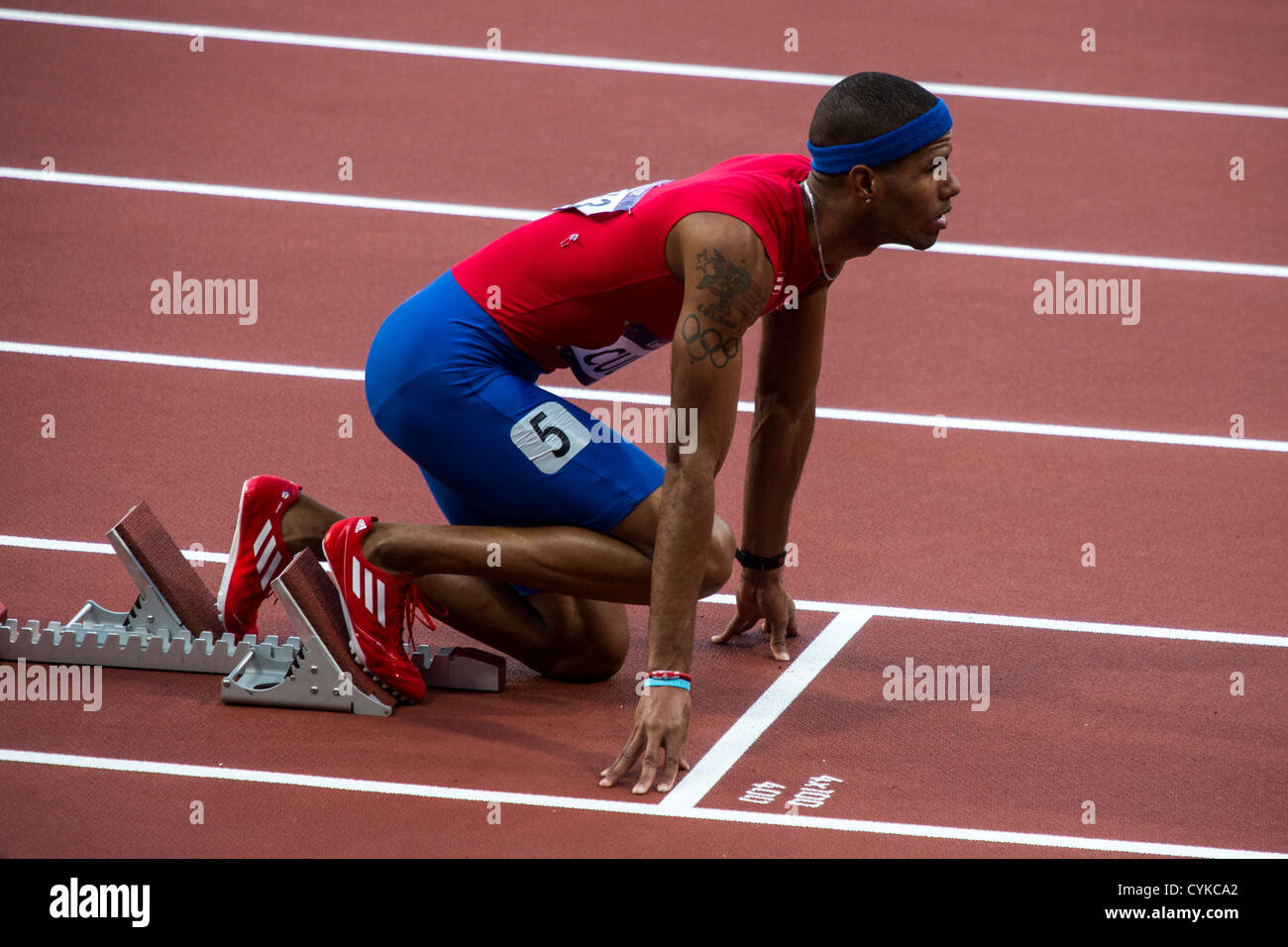 Javier Culson (PUR) competing in the 400 meter hurdles semifinal at the Olympic Summer Games, London 2012 Stock Photo