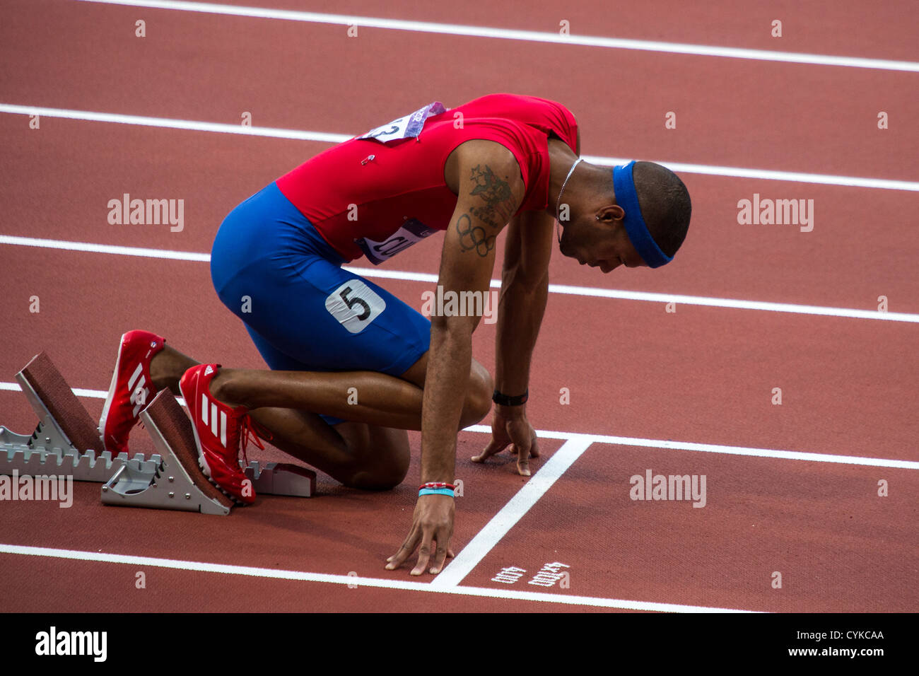 Javier Culson (PUR) competing in the 400 meter hurdles semifinal at the Olympic Summer Games, London 2012 Stock Photo