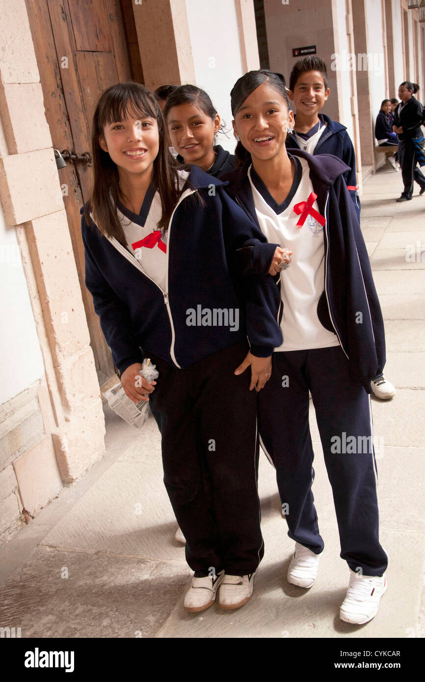 North America, Mexico, Guanajuato State, Guanajuato, girls in school uniform. A UNESCO World Heritage Site. Stock Photo