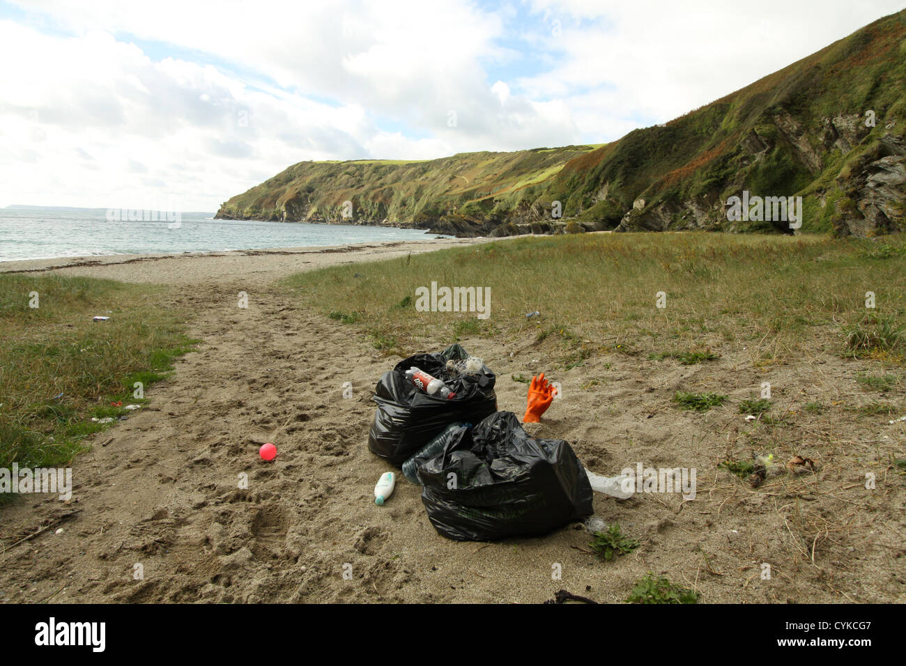 Litter strewn on beach, Cornwall, UK Stock Photo