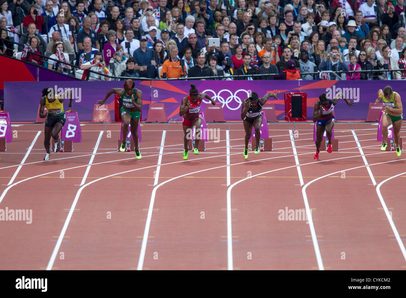 Start of the Women's 100 meter semifinal at the Olympic Summer Games, London 2012 Stock Photo