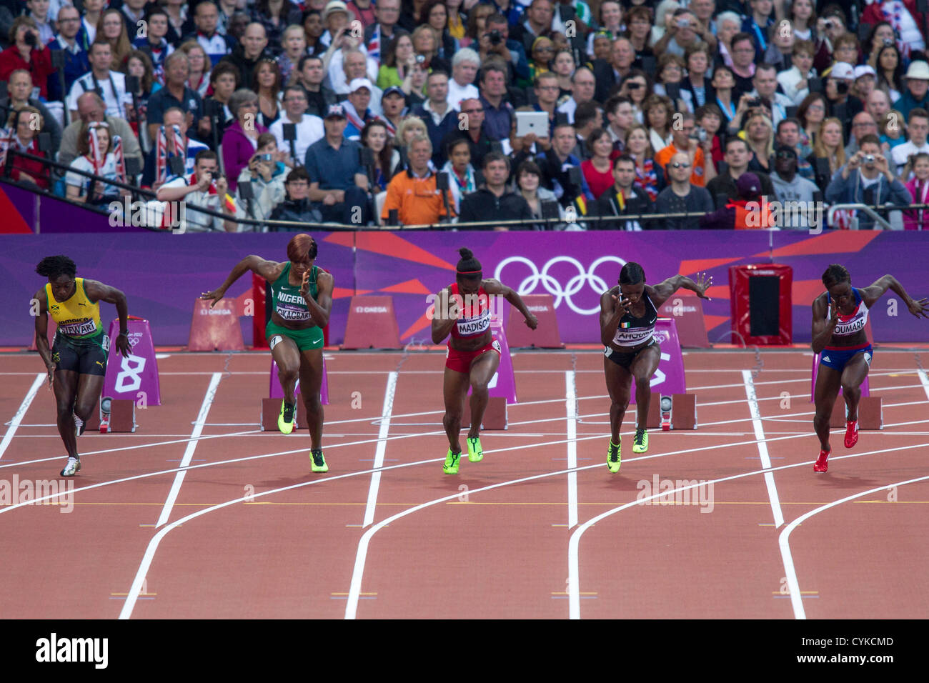 Start of the Women's 100 meter semifinal at the Olympic Summer Games, London 2012 Stock Photo