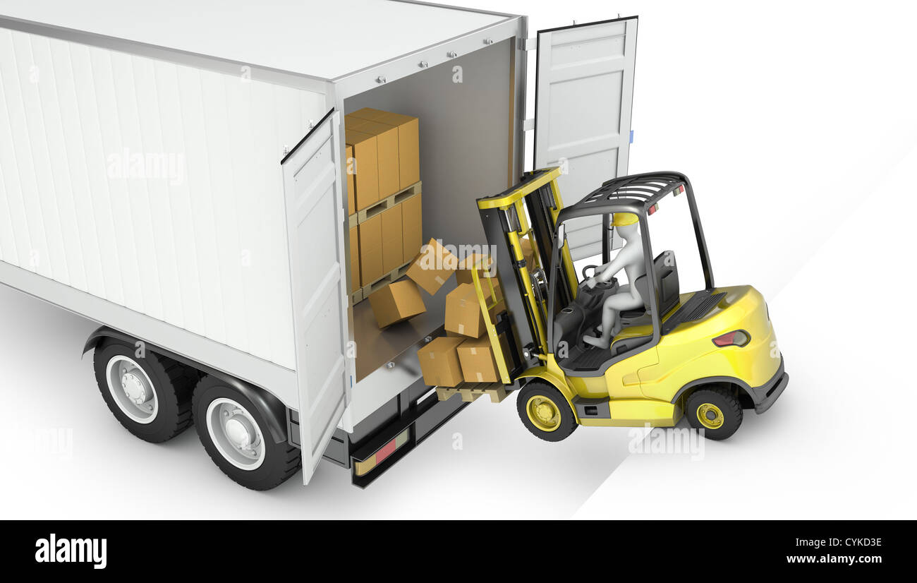 Fork lift truck falling from unsecured semi trailer, isolated on white