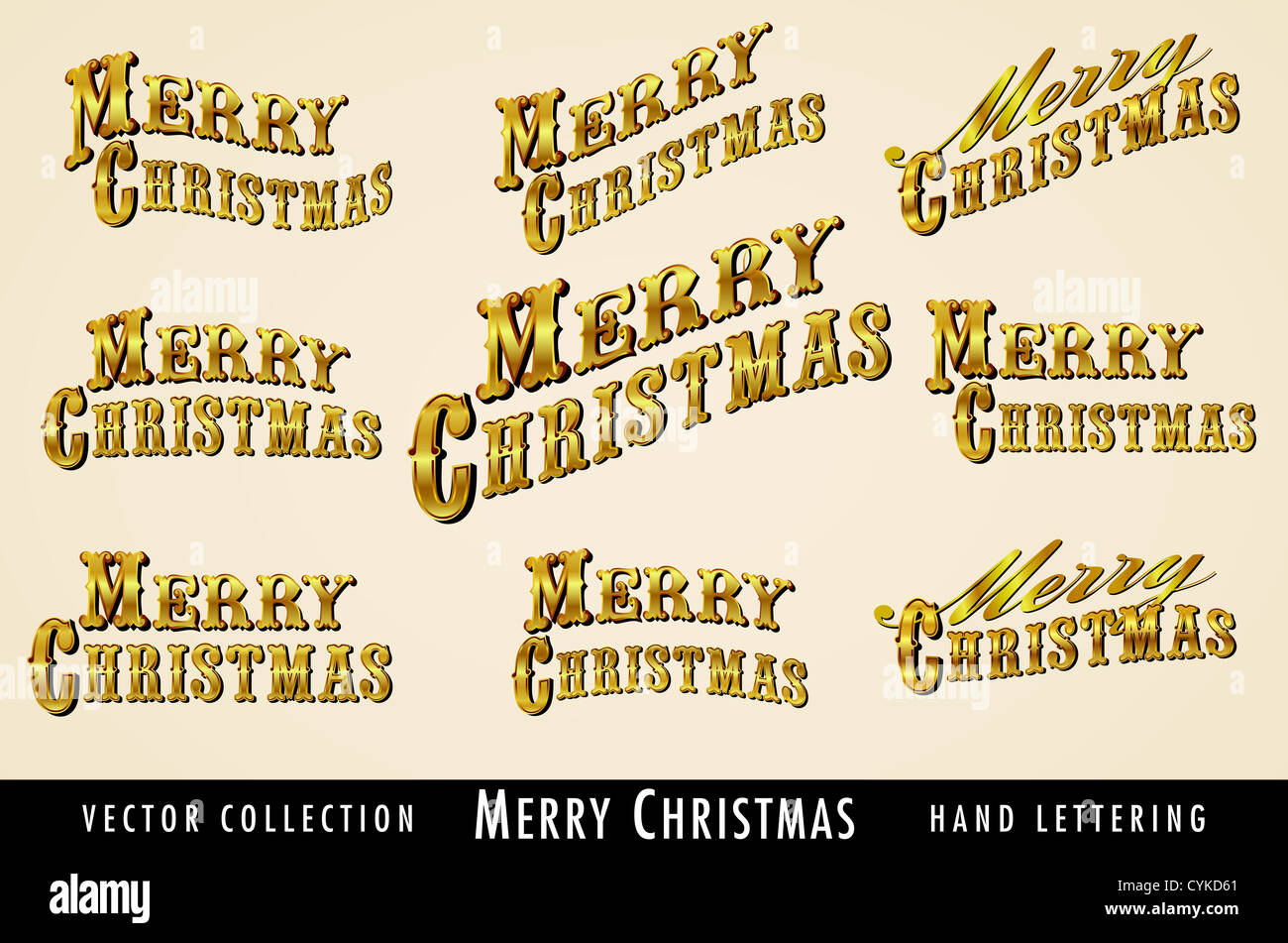 Selection of Vintage Gold Merry Christmas lettering Stock Photo