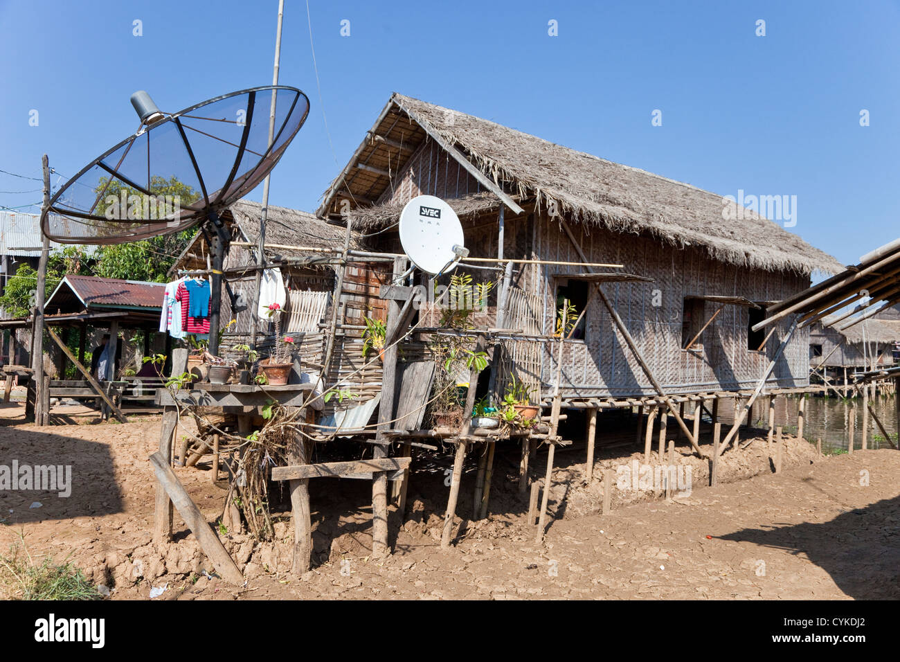 Myanmar, Burma. Inle Lake Village and Satellite Dish, Shan State. Stock Photo