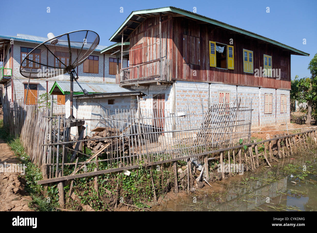 Myanmar, Burma. Inle Lake Village and Satellite Dish, Shan State. Stock Photo