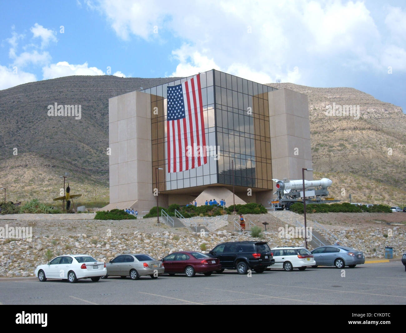 New Mexico Museum of Space History, Alamogordo, New Mexico. The giant US flag is hung from the museum every year on July 4. Stock Photo