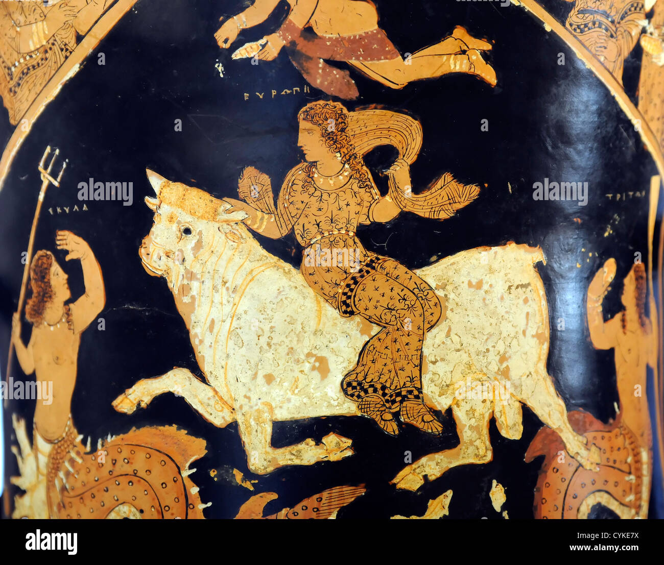 Detail of Calyx krater with Rape of Europa, National Archaeology Museum at PaThe museum at Paestum. Stock Photo