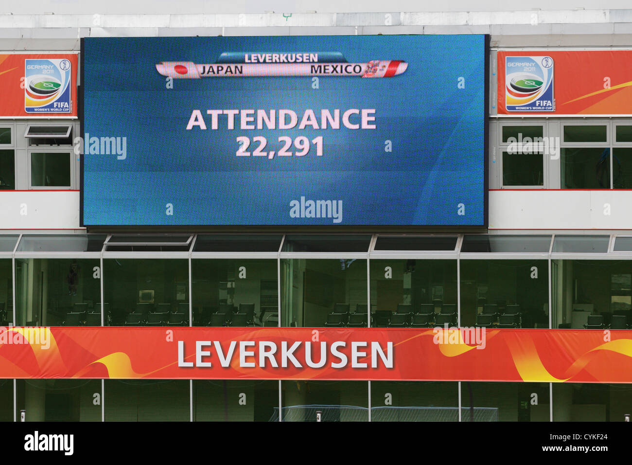 Scoreboard displays the attendance figure at the 2011 FIFA Women's World Cup Group B match between Japan and Mexico. Stock Photo