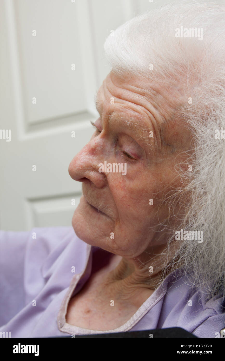 elderly lady in her nineties suffering from dementia Stock Photo