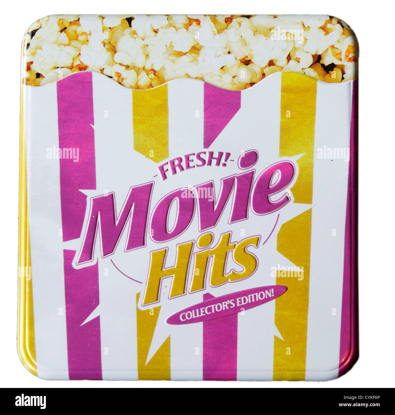 A CD compilation of movie music shaped like a bag of popcorn Stock Photo