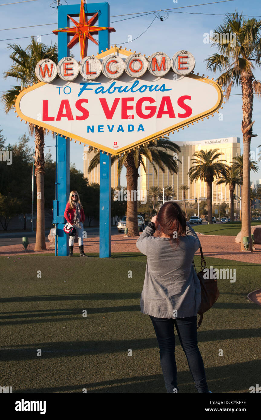 Taking pictures at the world famous Welcome to Fabulous Las Vegas sign, Las Vegas, Nevada. Stock Photo