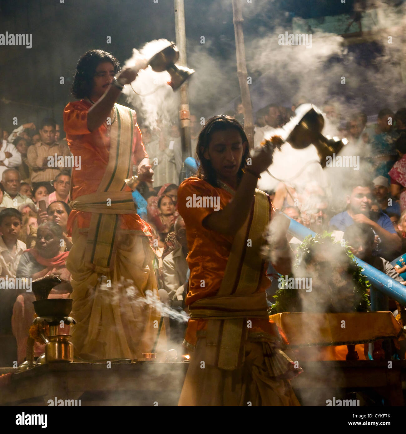 Ganga Puja Hindu ceremony, Varanasi, India Stock Photo