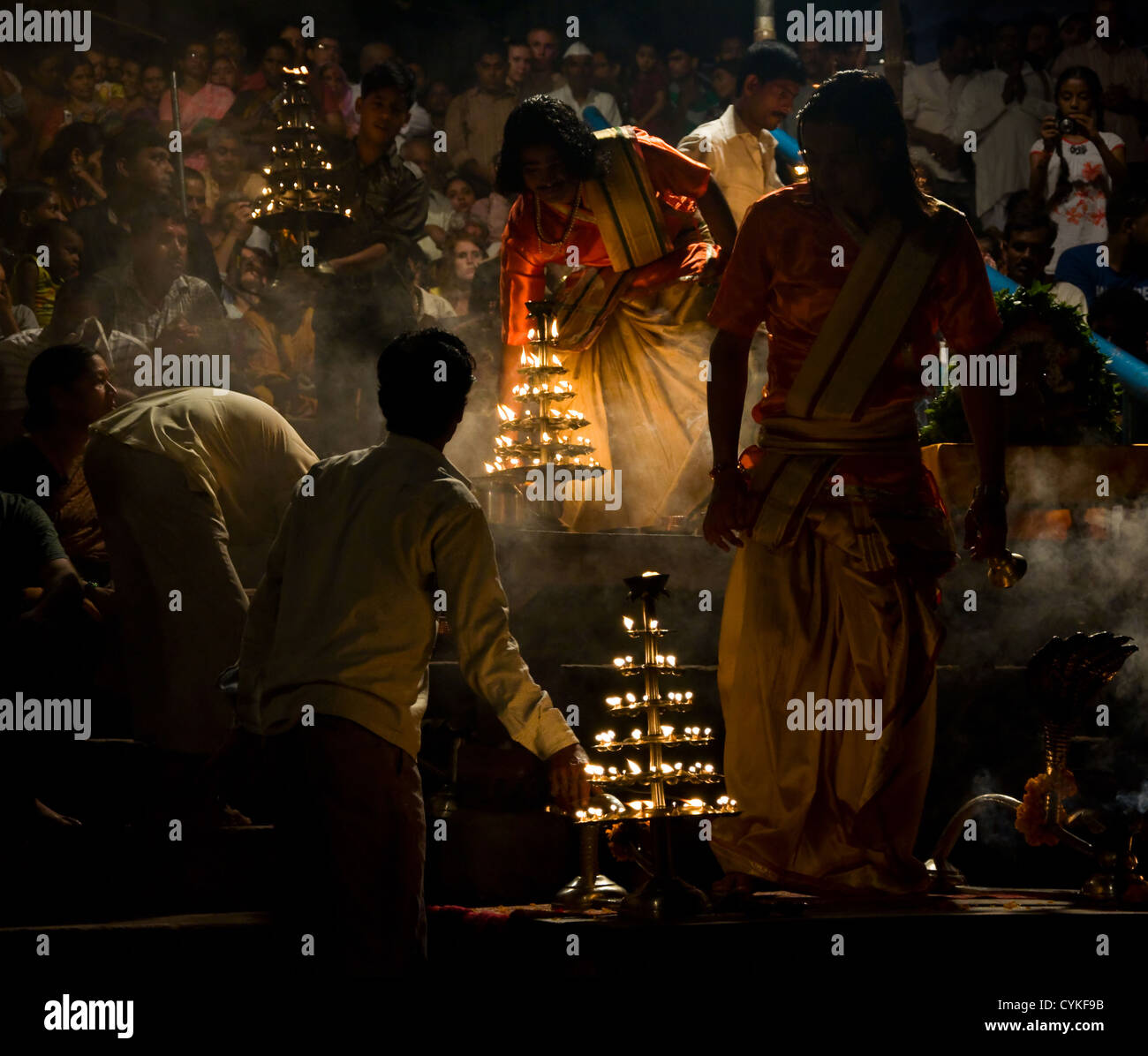 Ganga Puja Hindu ceremony, Varanasi, India Stock Photo