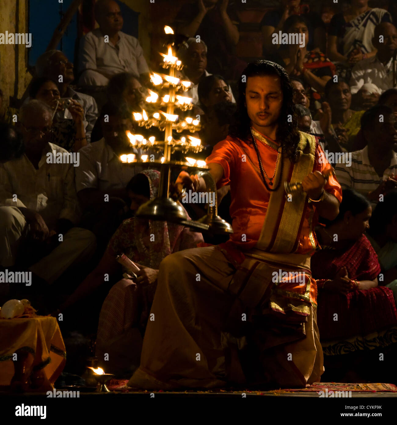 Ganga Puja Hindu ceremony, Varanasi, India Stock Photo