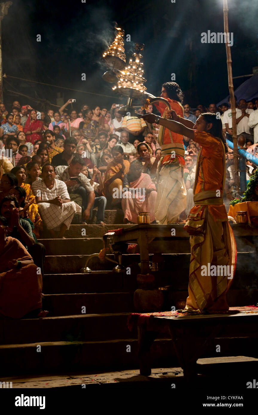 Ganga Puja Hindu ceremony, Varanasi, India Stock Photo
