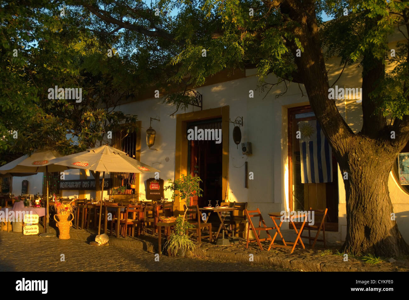 Uruguay. Colonia del Sacramento. Barrio Historico. Outdoor restaurant in the late afternoon sun. Stock Photo
