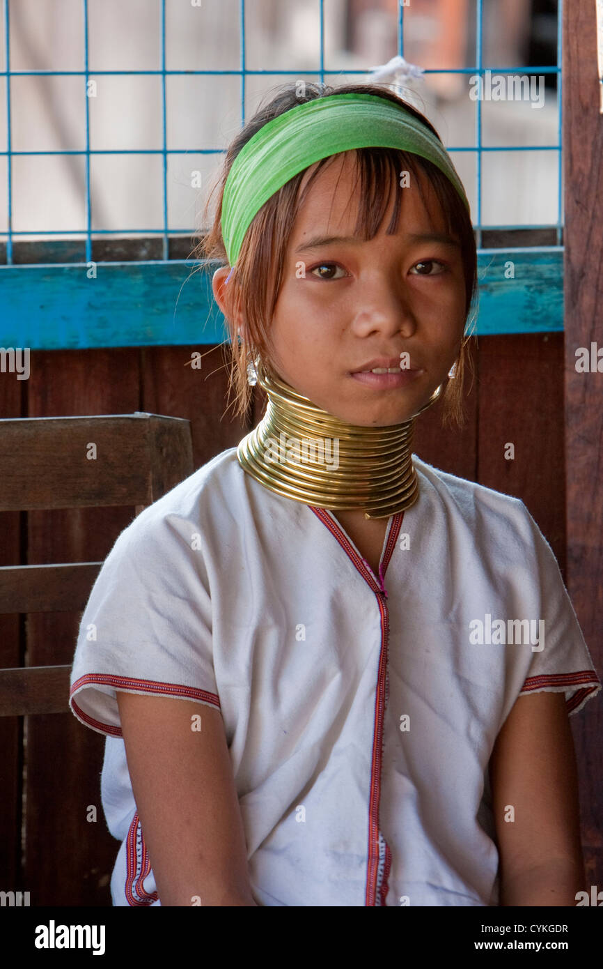 Myanmar, Burma. Young Padaung Woman with Brass Neck Coils, Inle Lake, Shan State. The Padaung are also called Kayan Lahwi. Stock Photo