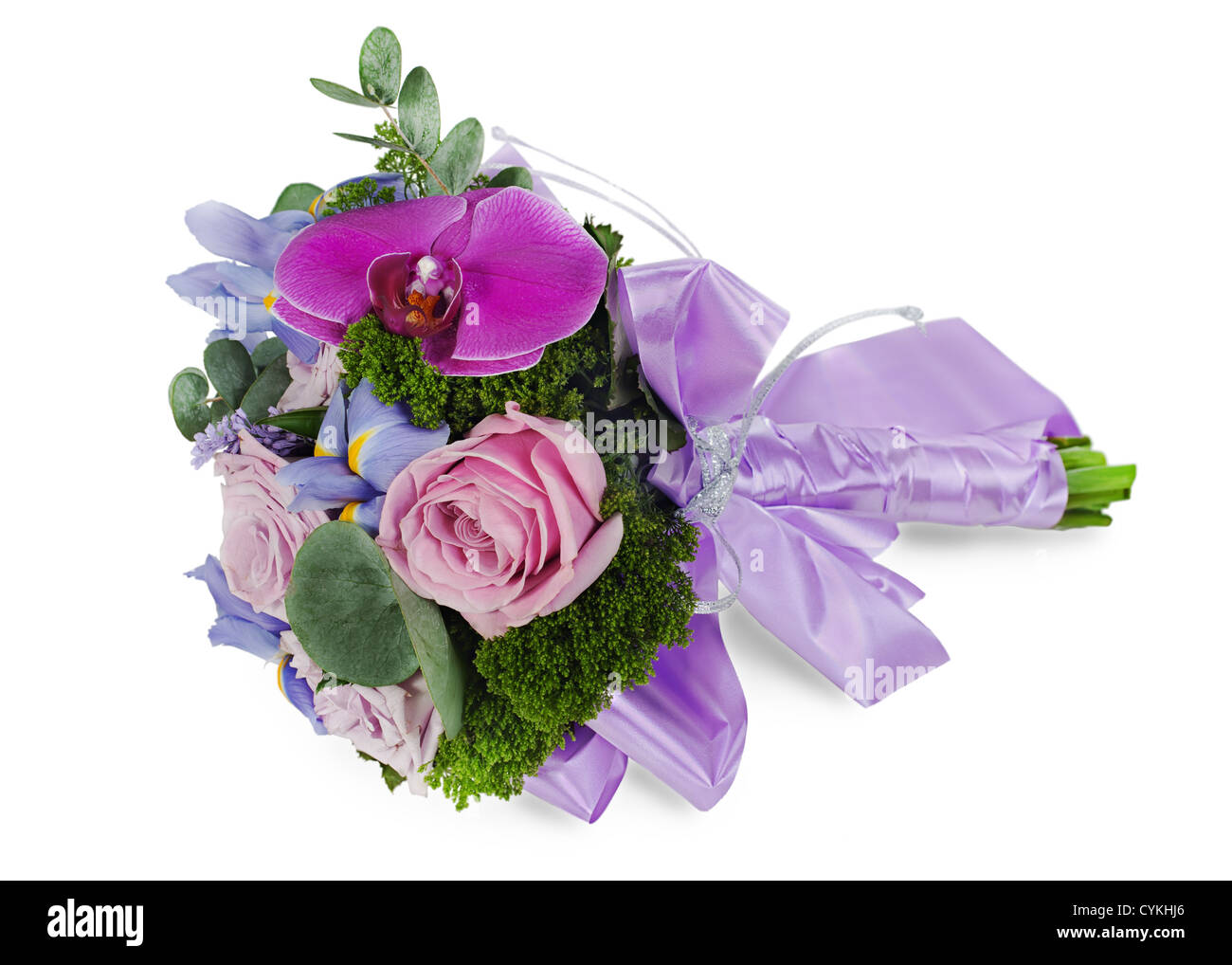 colorful flower wedding bouquet for bride from roses, iris and orchid, isolated on white background Stock Photo