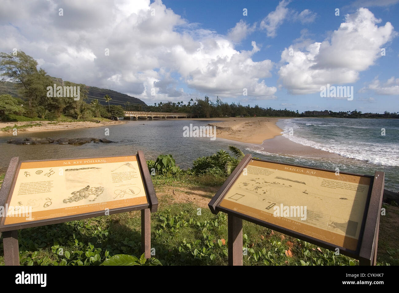 Elk284-7534v Hawaii, Kauai, Wailua River SP, river mouth signs Stock Photo