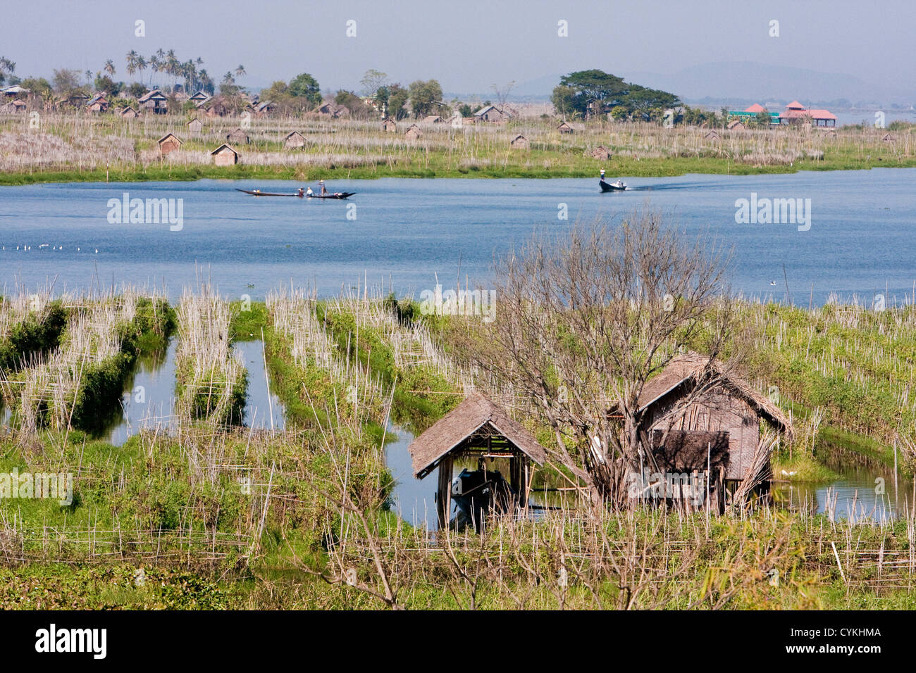 Myanmar, Burma. Inle Lake, Floating Vegetable Plots, Village in Background, Shan State. Stock Photo