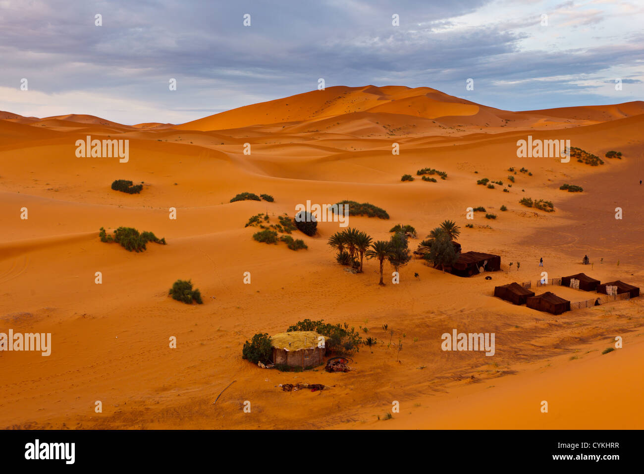 Bedouin encampment on sand dune in an oasis in the Sahara Desert Morocco. Stock Photo