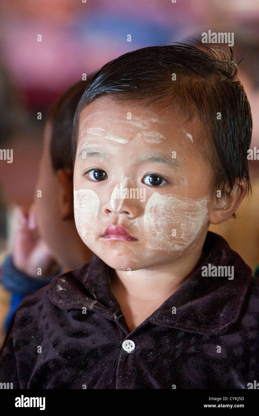Myanmar, Burma. Little Burmese Boy of Pre-School Age, Intha Ethnic Group, Inle Lake, Shan State. Stock Photo