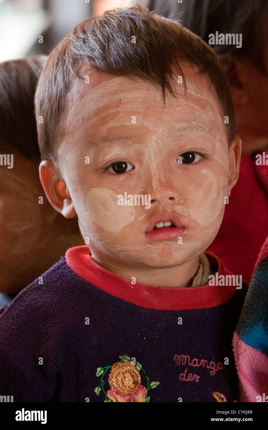 Myanmar, Burma. Little Burmese Boy of Pre-School Age, Intha Ethnic Group, Inle Lake, Shan State. Stock Photo