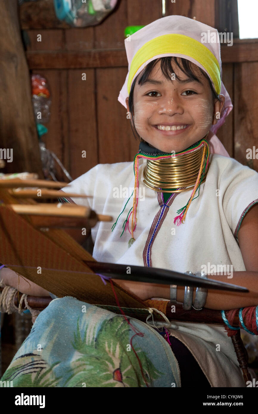 Myanmar, Burma. Young Padaung Woman with Brass Neck Coils, Inle Lake, Shan State. Stock Photo