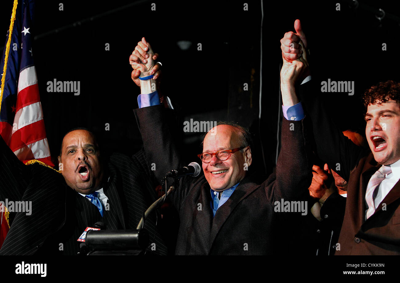 Nov. 6, 2012 - Memphis, TN, U.S. - November 6, 2012 -  Incumbent Congressmen Steve Cohen (middle) celebrates with Randy Wade (left) and campaign manager John Marek (right) to a cheering crowd gathered at The Warehouse Tuesday. Cohen declared victory in his reelection bid against Dr. George Flinn for the U.S. Representative for Tennessee's 9th congressional district. (Credit Image: © Mark Weber/The Commercial Appeal/ZUMAPRESS.com) Stock Photo