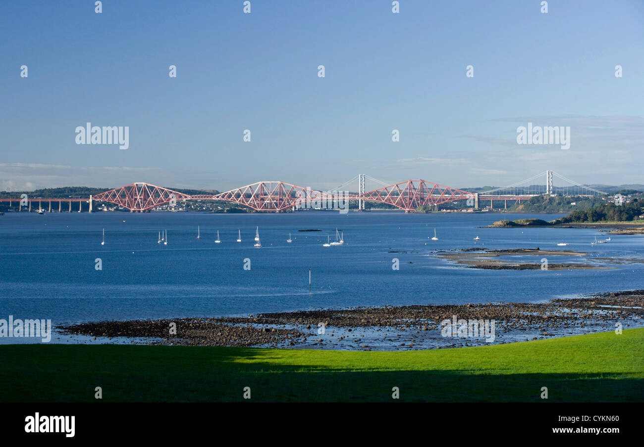 View of the Forth Bridges from Dalgety Bay, Fife. Stock Photo