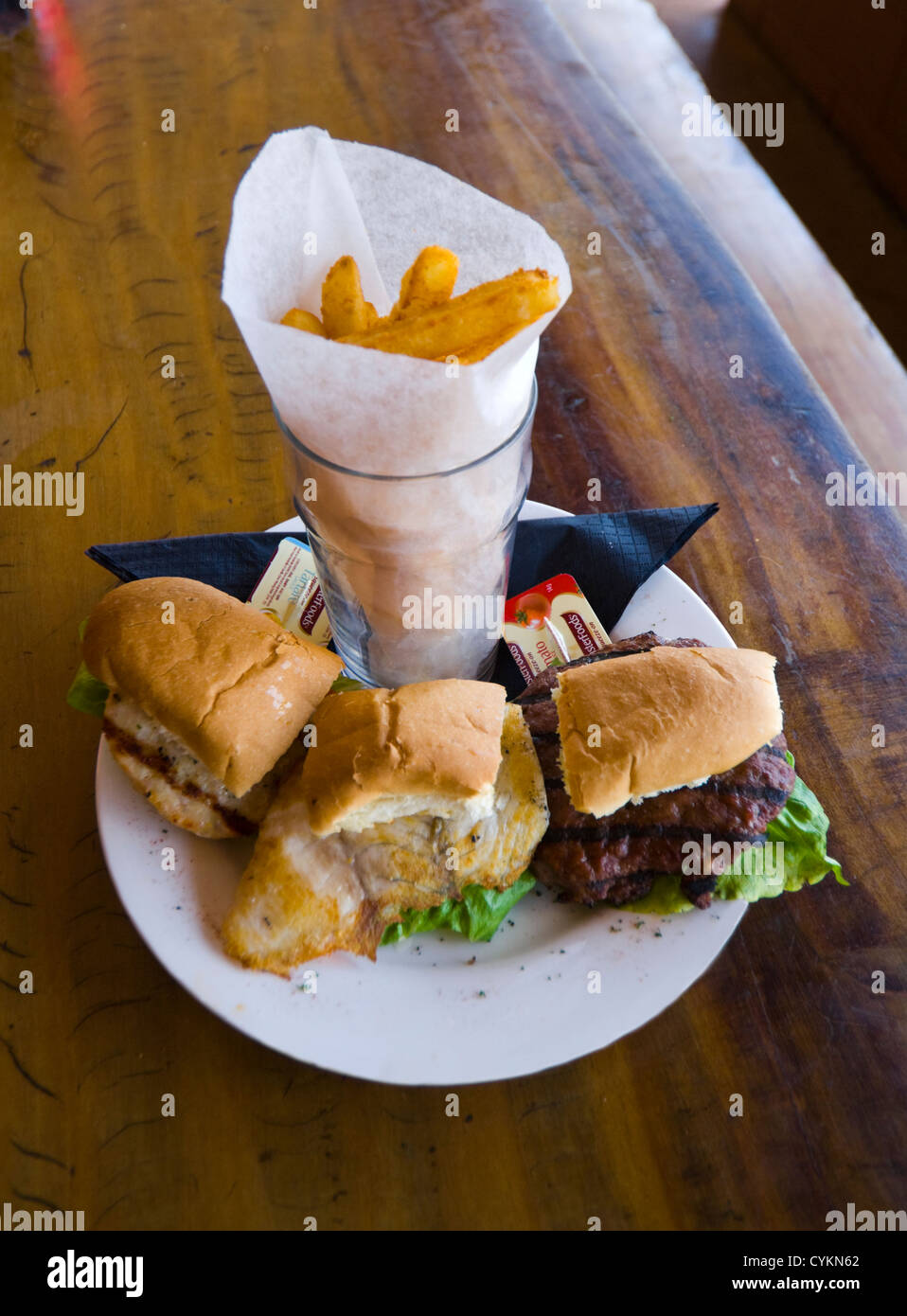 Burgers (buffalo, barramundi, crocodile) served at the Humpty Doo Tavern, Northern Territory, NT, Australia Stock Photo