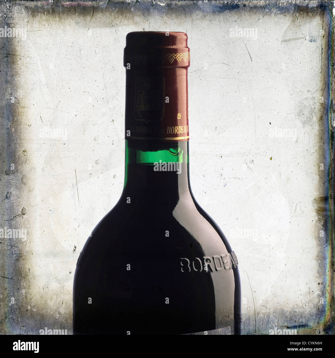 Bottle of Bordeaux red wine, vintage look Stock Photo