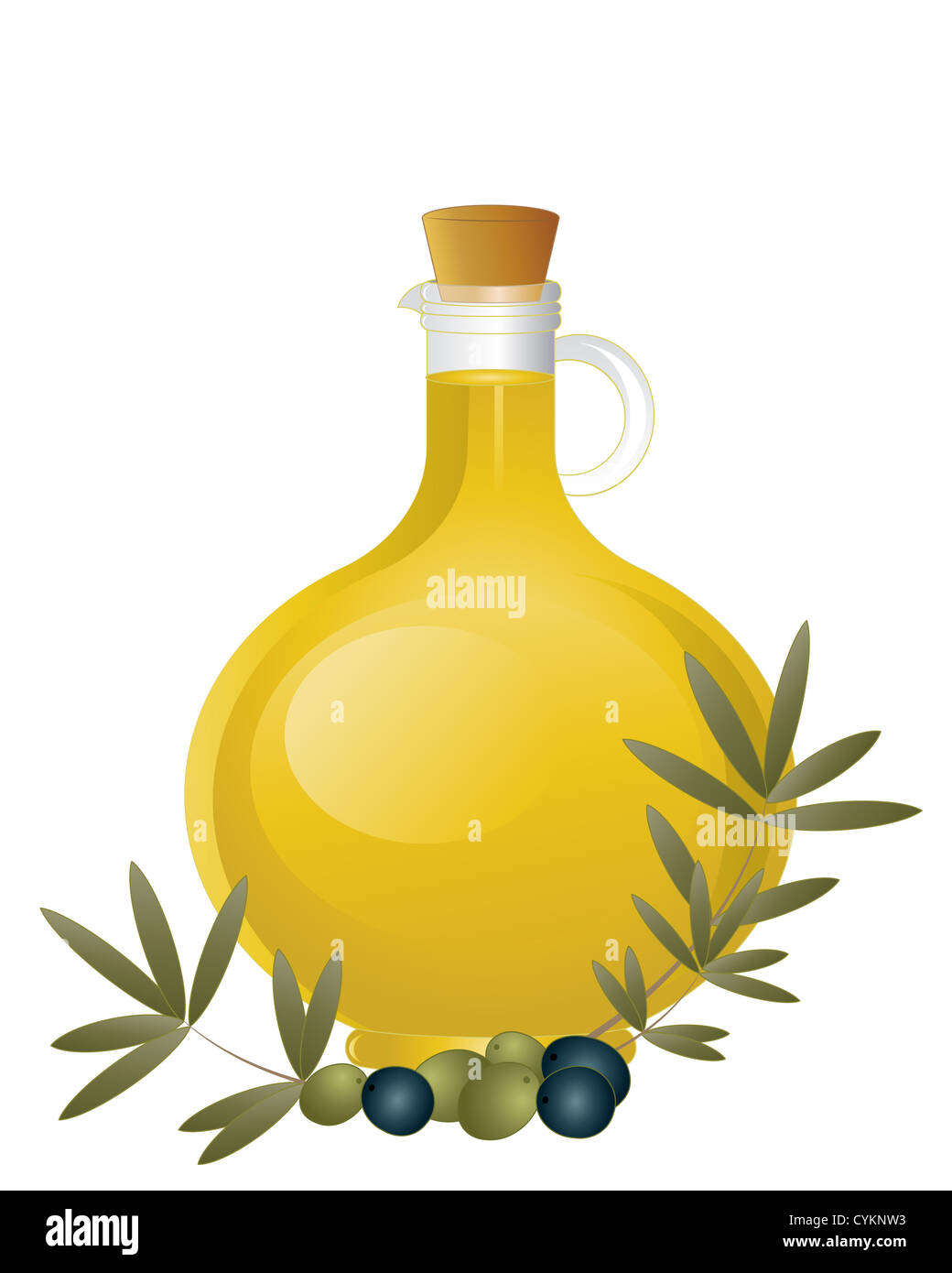 an illustration of a glass jug of olive oil with cork stopper and an ...