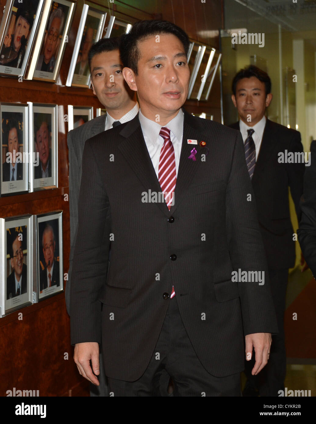 November 7, 2012, Tokyo, Japan - Japan's Economics Minister Seiji Maehara arrives for a news conference at Tokyo's Foreign Correspondents' Club of Japan on Wednesday, November 7, 2012. Maehara said Japan's economic situation needs powerful monetary easing in its fight against deflation.  (Photo by Natsuki Sakai/AFLO) AYF -mis- Stock Photo