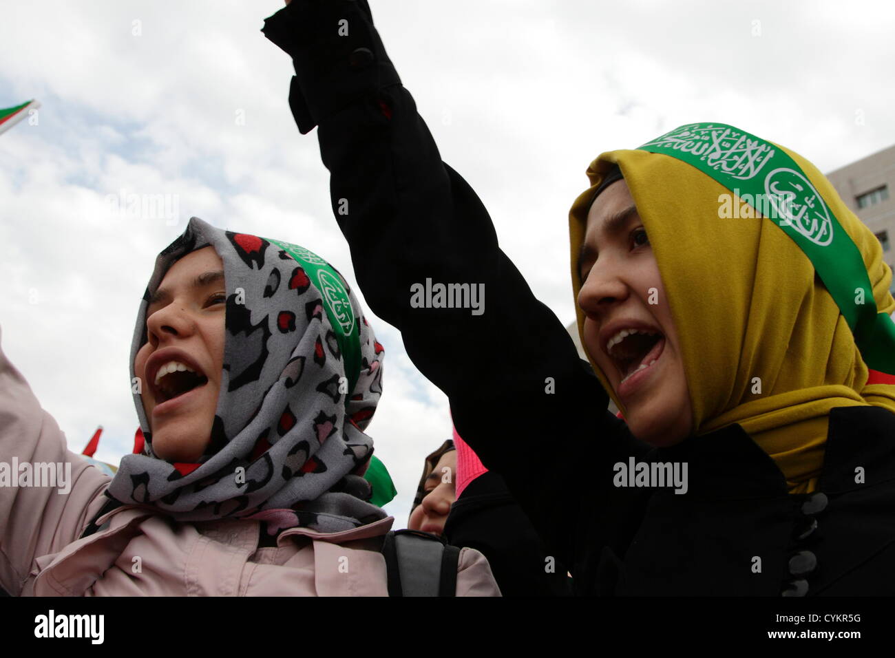 Istanbul, Turkey. 6th November, 2012. Gaza Freedom Fleet supporters rally in front of Caglayan courthouse. Young women with headscarves chanting slogans and waving their fists during the rally in front of the Istanbul courthouse. Credit:  Johann Brandstatter / Alamy Live News Stock Photo