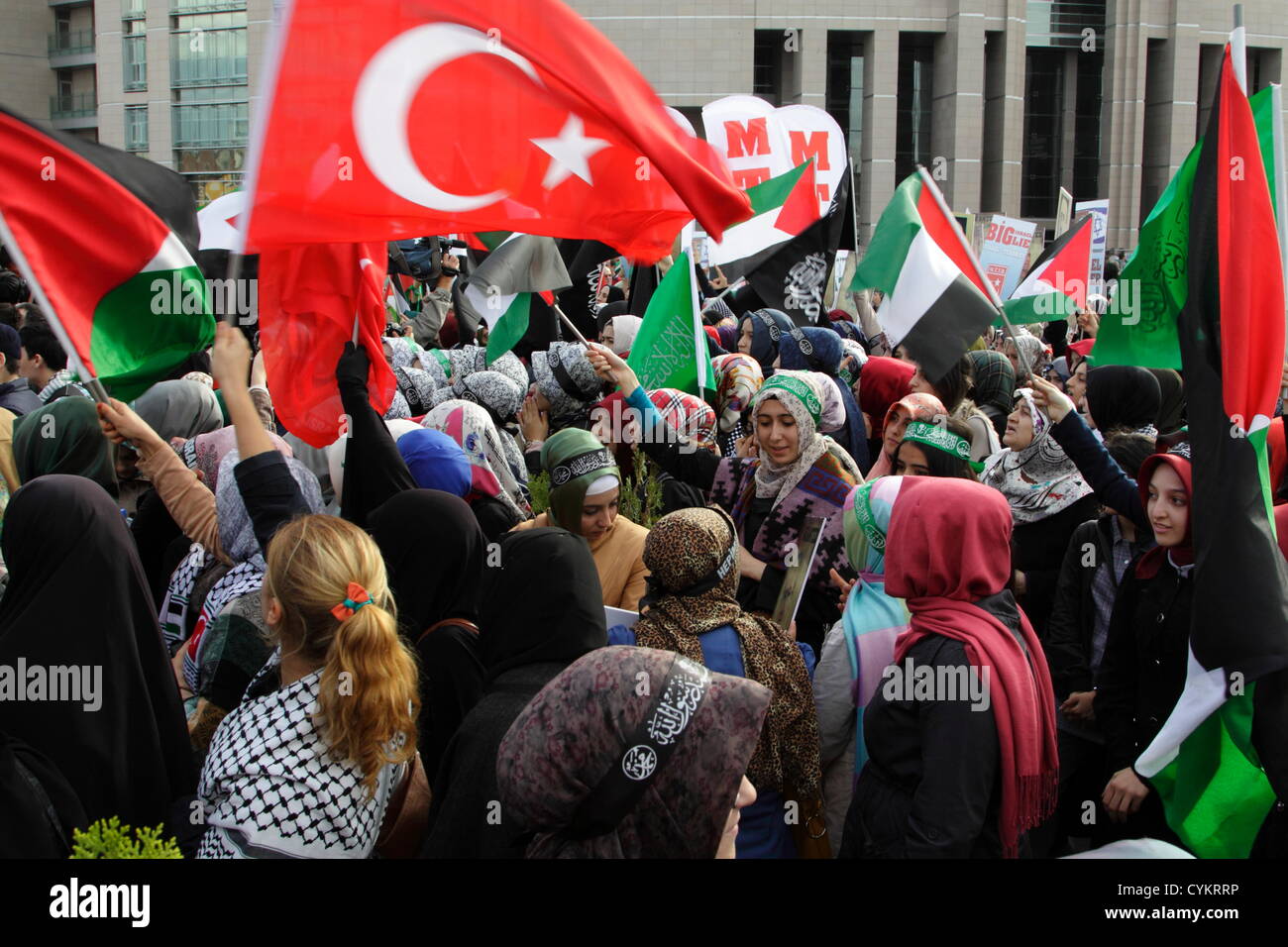 Istanbul, Turkey. 6th November, 2012. Gaza Freedom Fleet supporters rally in front of Istanbul courthouse. Hundreds of Turkish and Palestinian flags are being waved by the large crowd of demonstrators. Flag sellers sell all types and sizes and seem to make a good business out of the rally. Credit:  Johann Brandstatter / Alamy Live News Stock Photo
