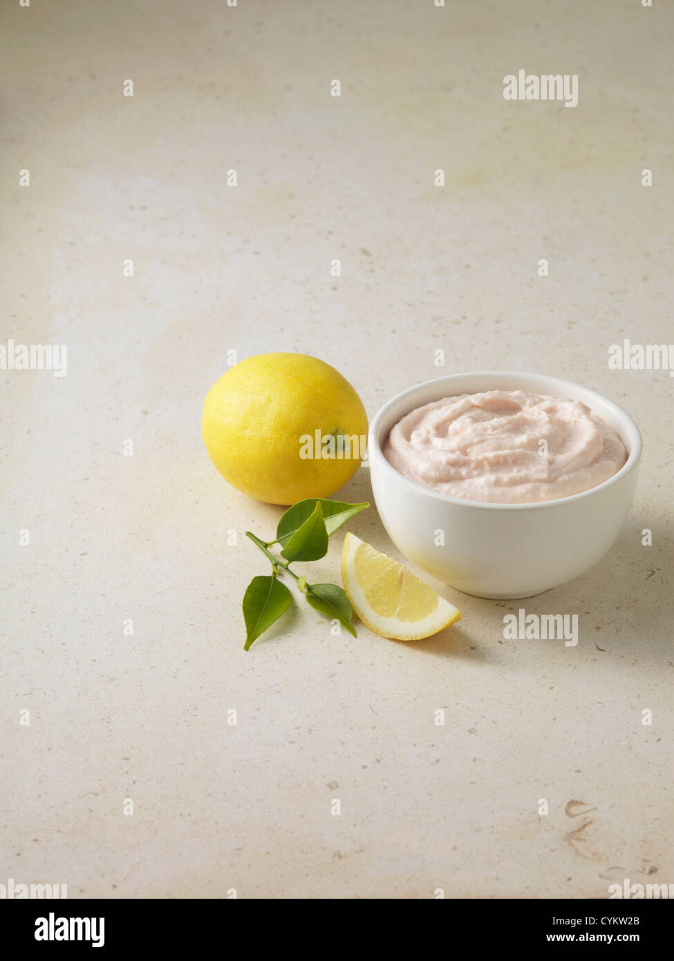 Bowl of taramasalata dip with lemon Stock Photo