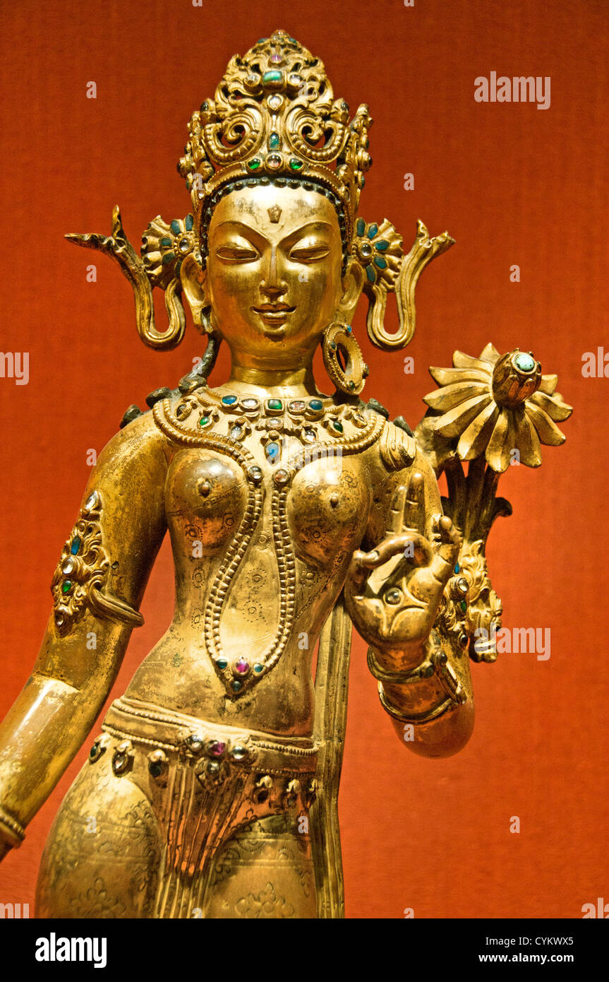 Tara, the Buddhist Savior 14th century Nepalese Nepal Kathmandu Valley copper alloy precious stones  gold paint 42 cm Stock Photo