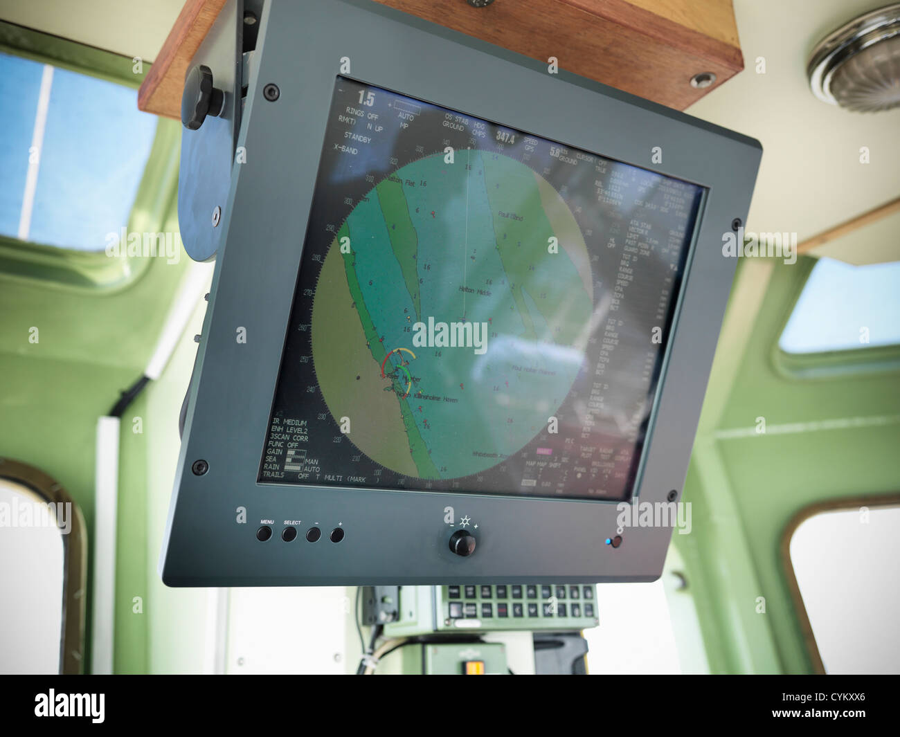 Electronic screen in tugboat wheelhouse Stock Photo