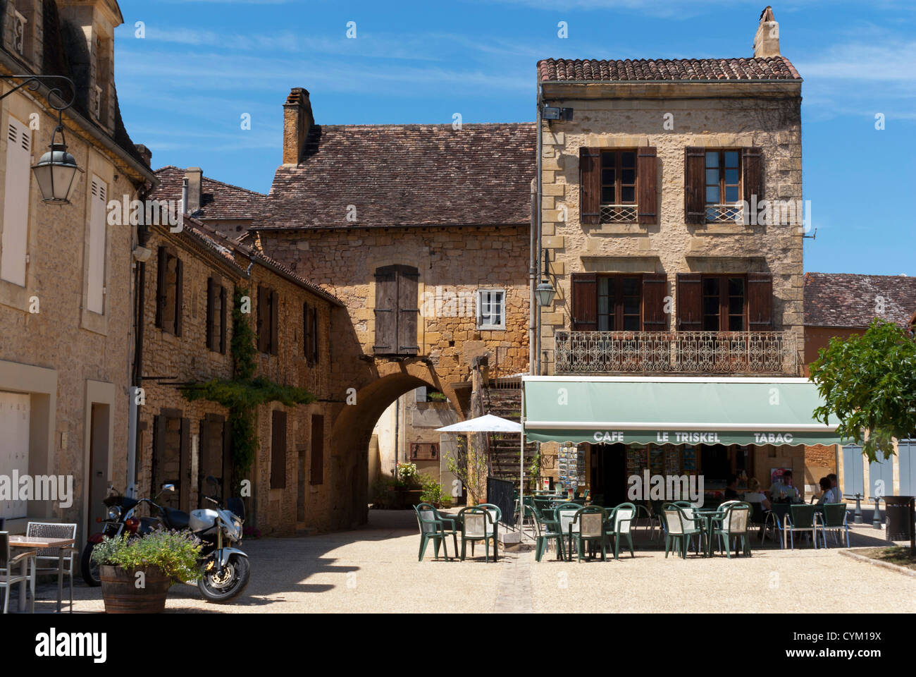 Cafe in the village square at Le BuissondeCadouin, a village in the