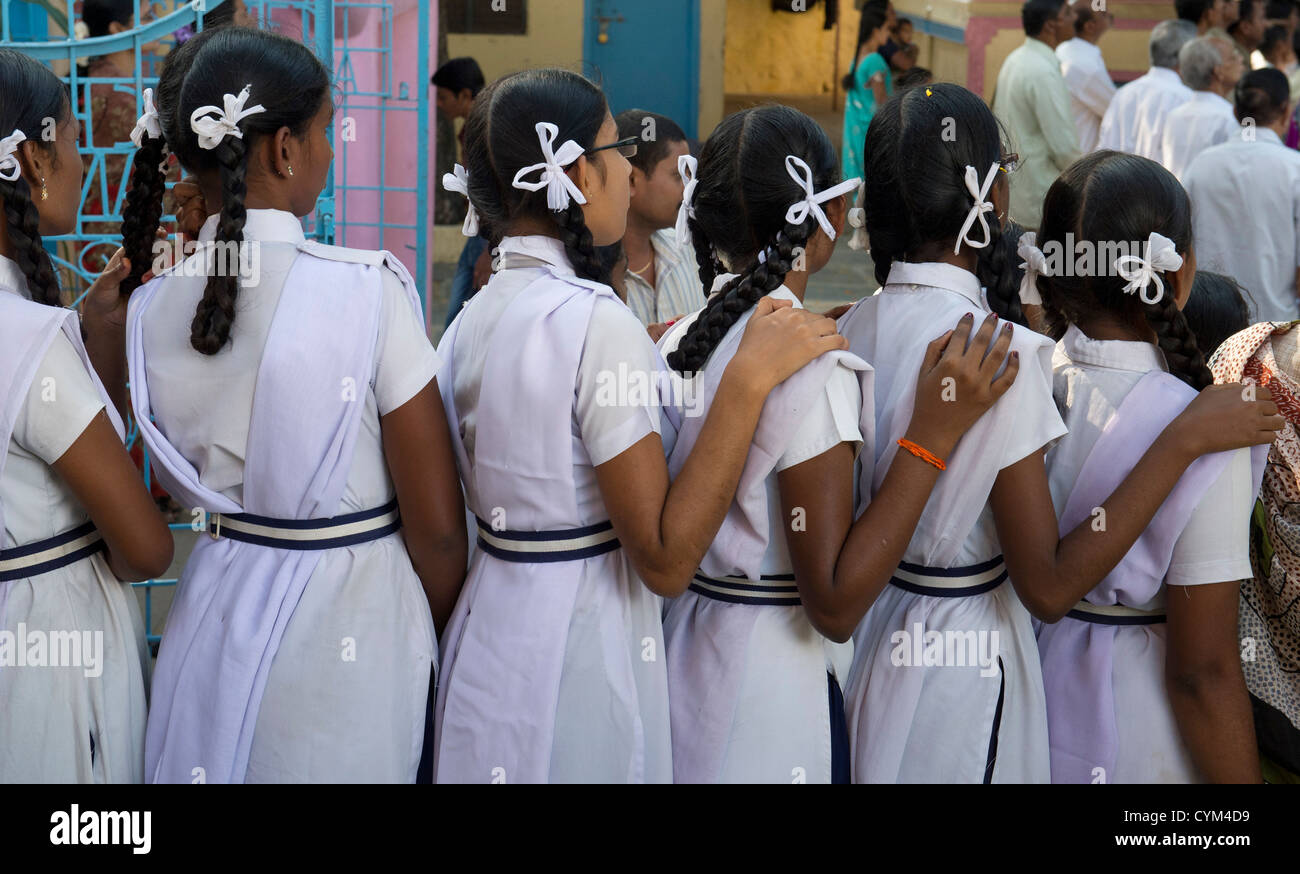 Line of Indian school girls. Puttaparthi, Andhra Pradesh, India Stock Photo