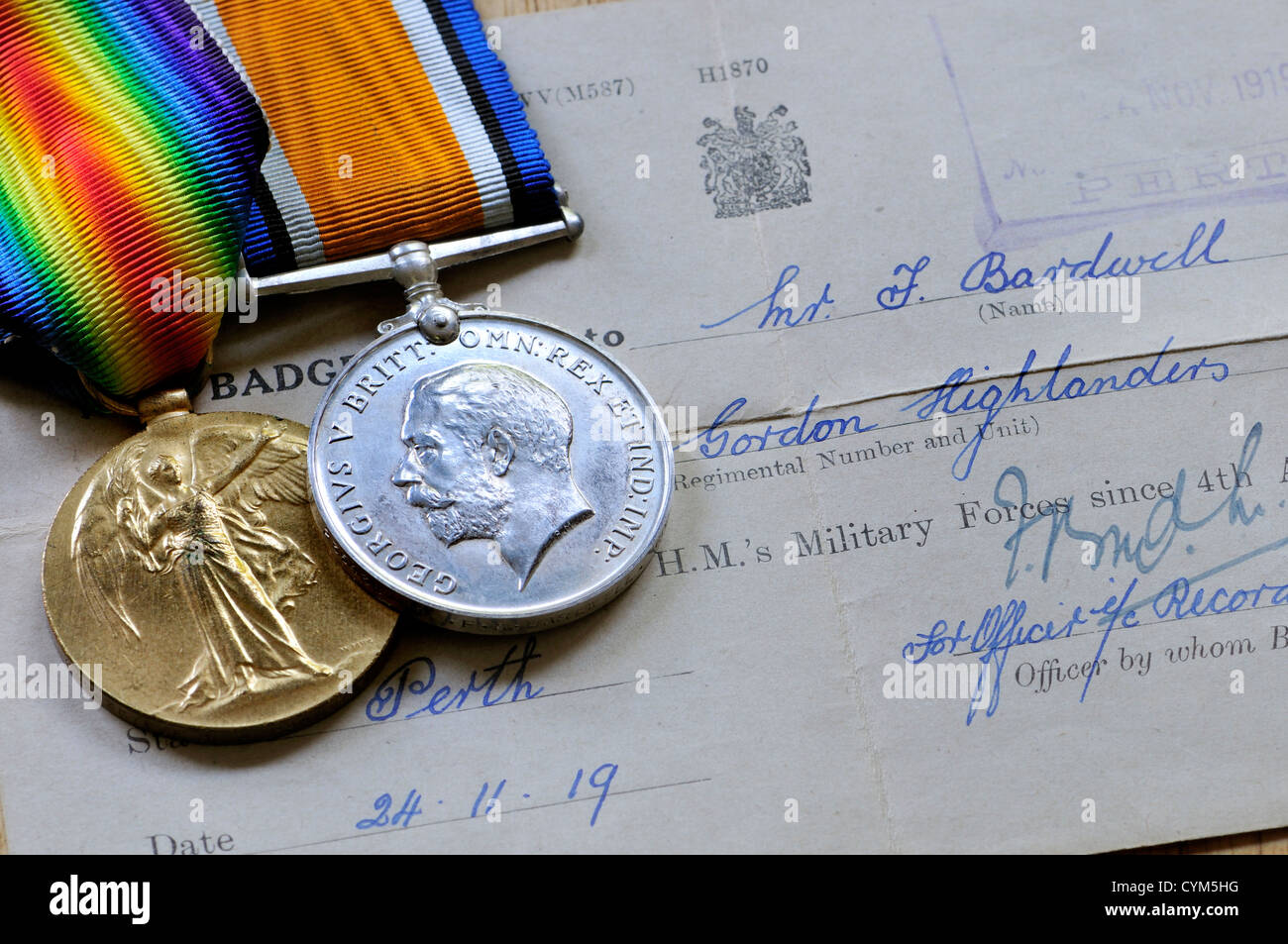 First World War British medals. Victory Medal (left) War Medal (right) with original documentation Stock Photo