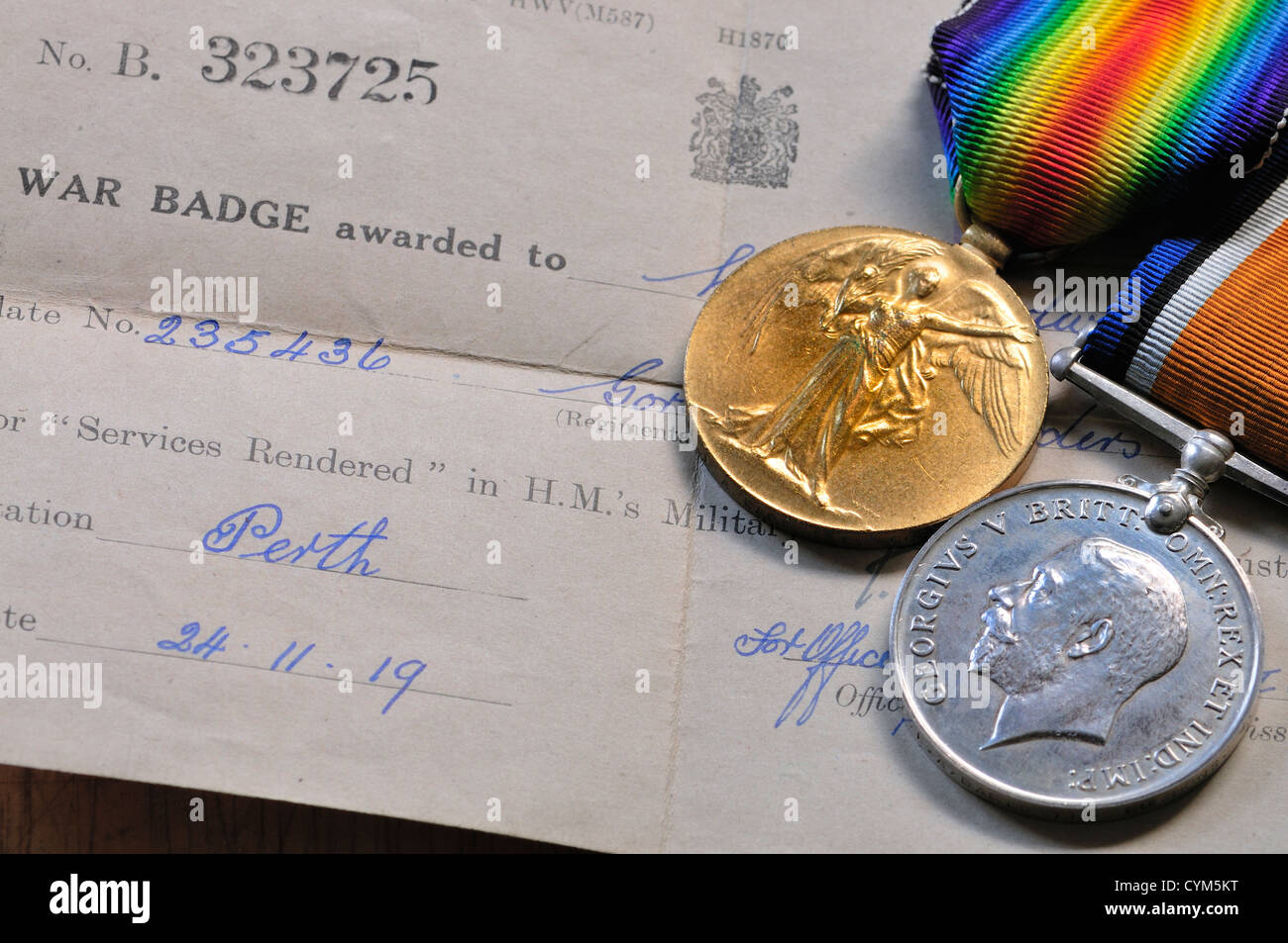 First World War British medals. Victory Medal (left) War Medal (right) with original documentation Stock Photo