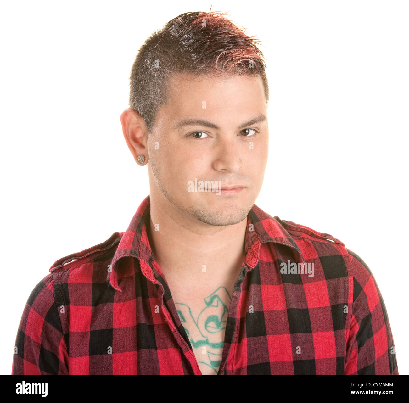 Smirking Mexican Man With Spiky Dyed Hair Over White Stock Photo
